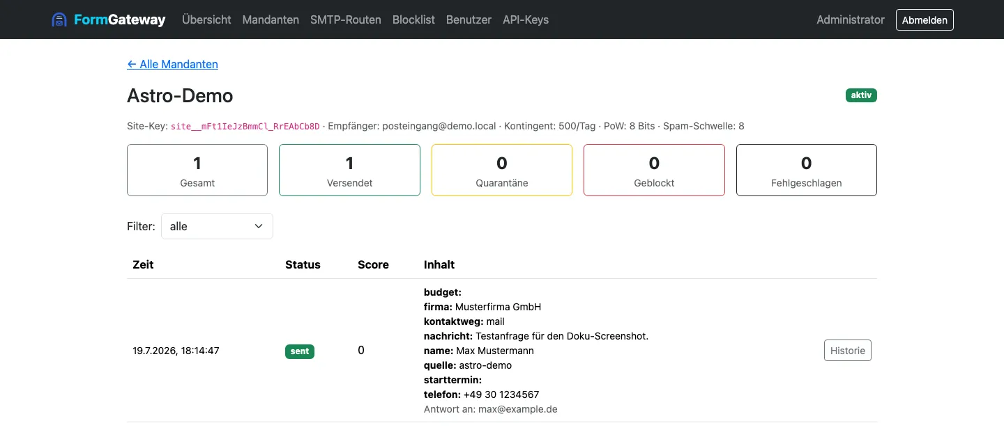 Mandanten-Detail mit Kennzahlen-Kacheln (Gesamt/Versendet/Quarantäne/Geblockt/Fehlgeschlagen) und einer zugestellten Submission