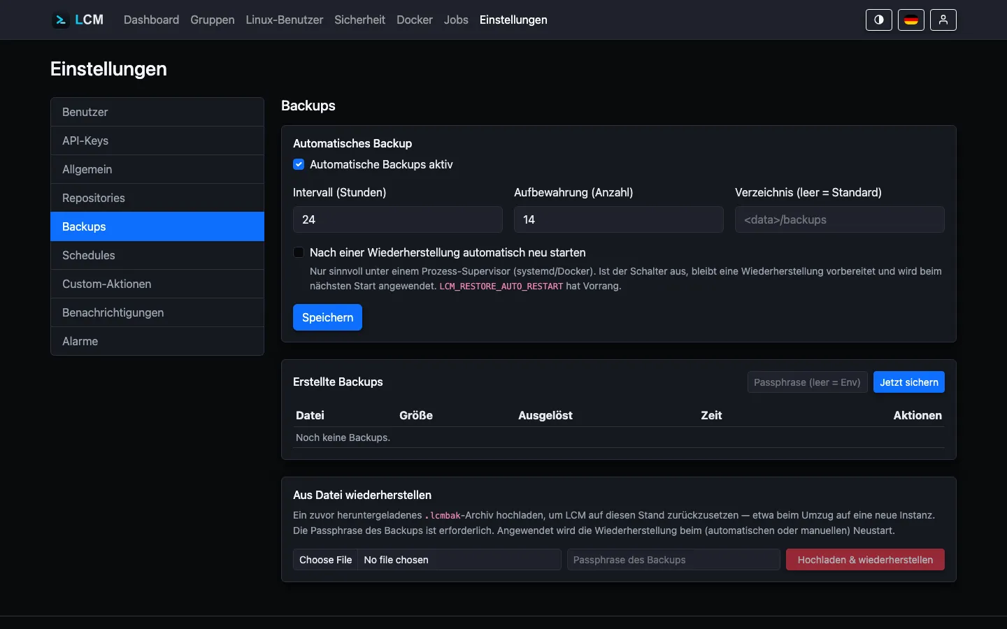 Backup-Einstellungen: automatisches Backup, erstellte Archive, Wiederherstellen