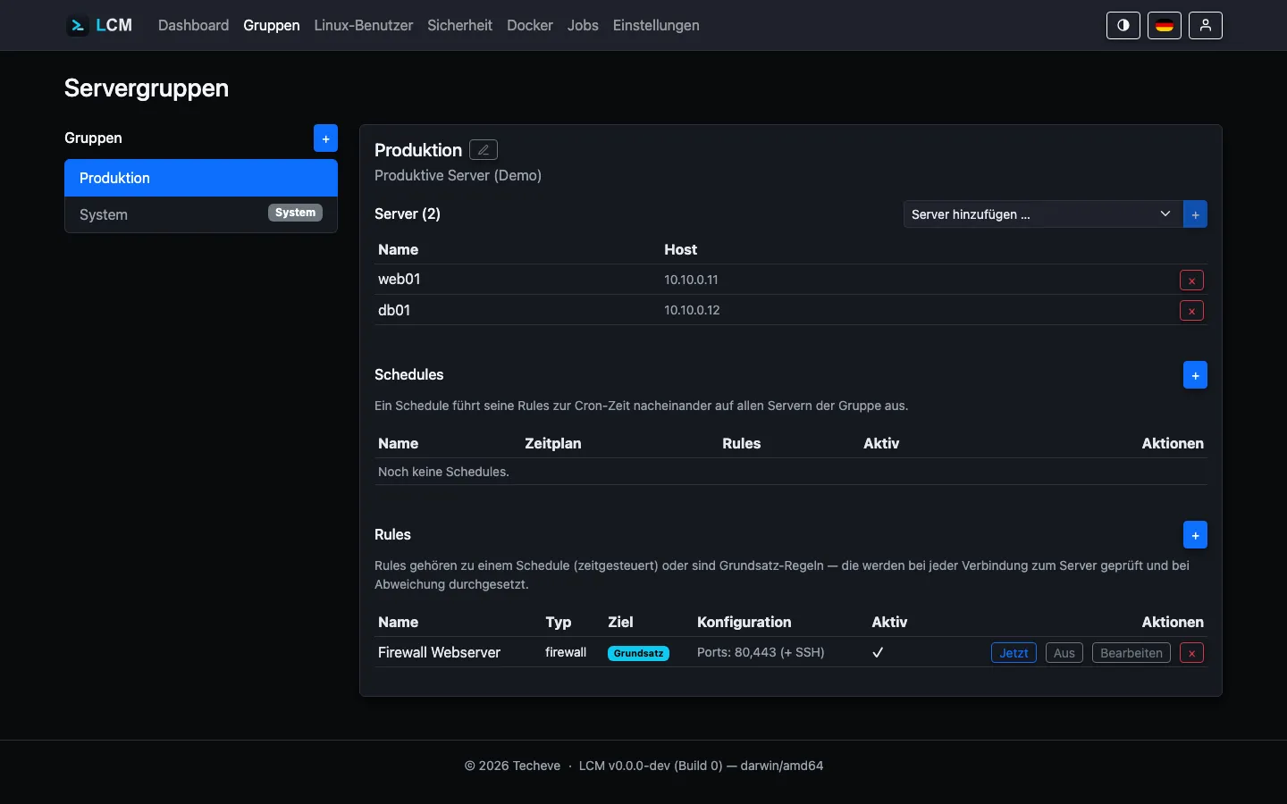 Gruppe „Produktion" mit zwei Servern und einer Grundsatz-Regel „Firewall Webserver"
