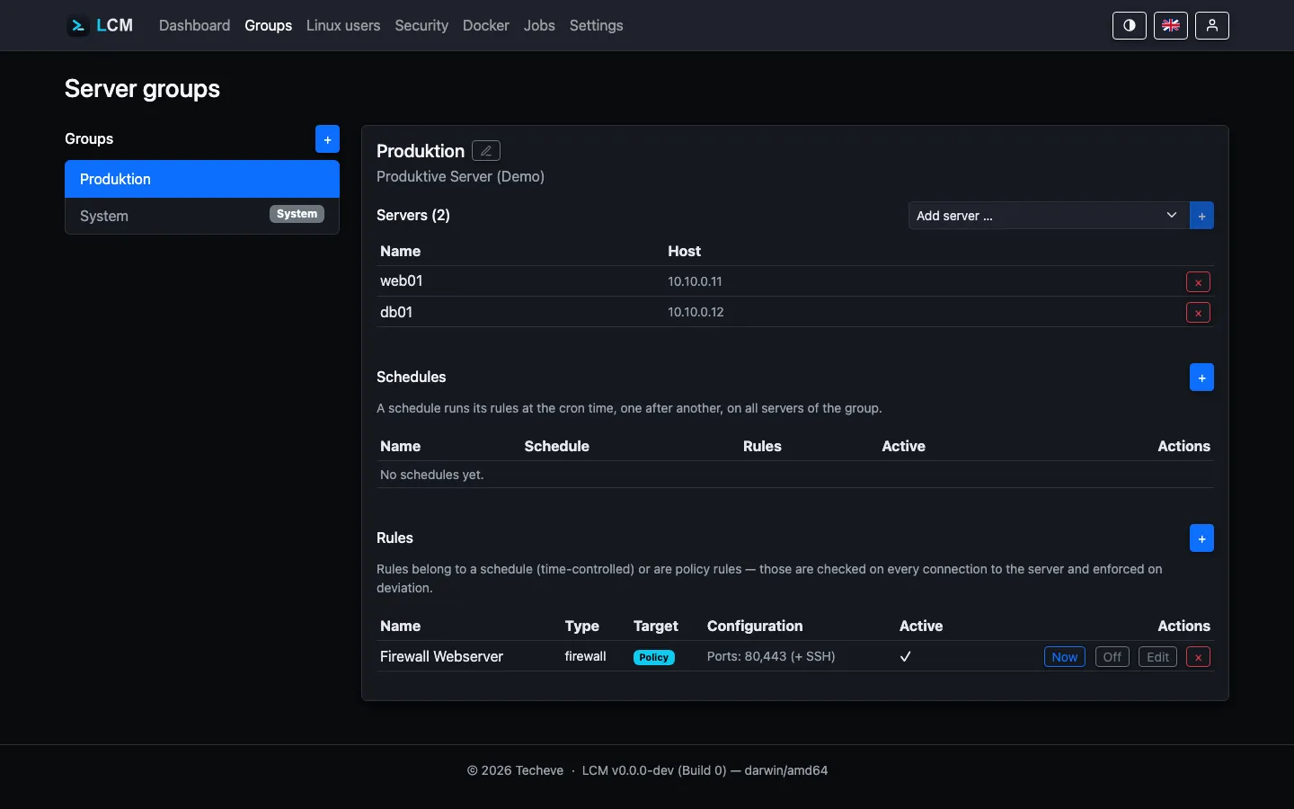 Group "Production" with two servers and a "Firewall Webserver" baseline rule