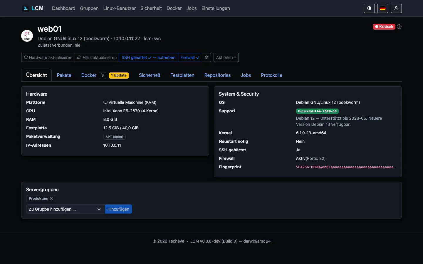 Server-Detailseite: Hardware, System & Security, Status-Badge