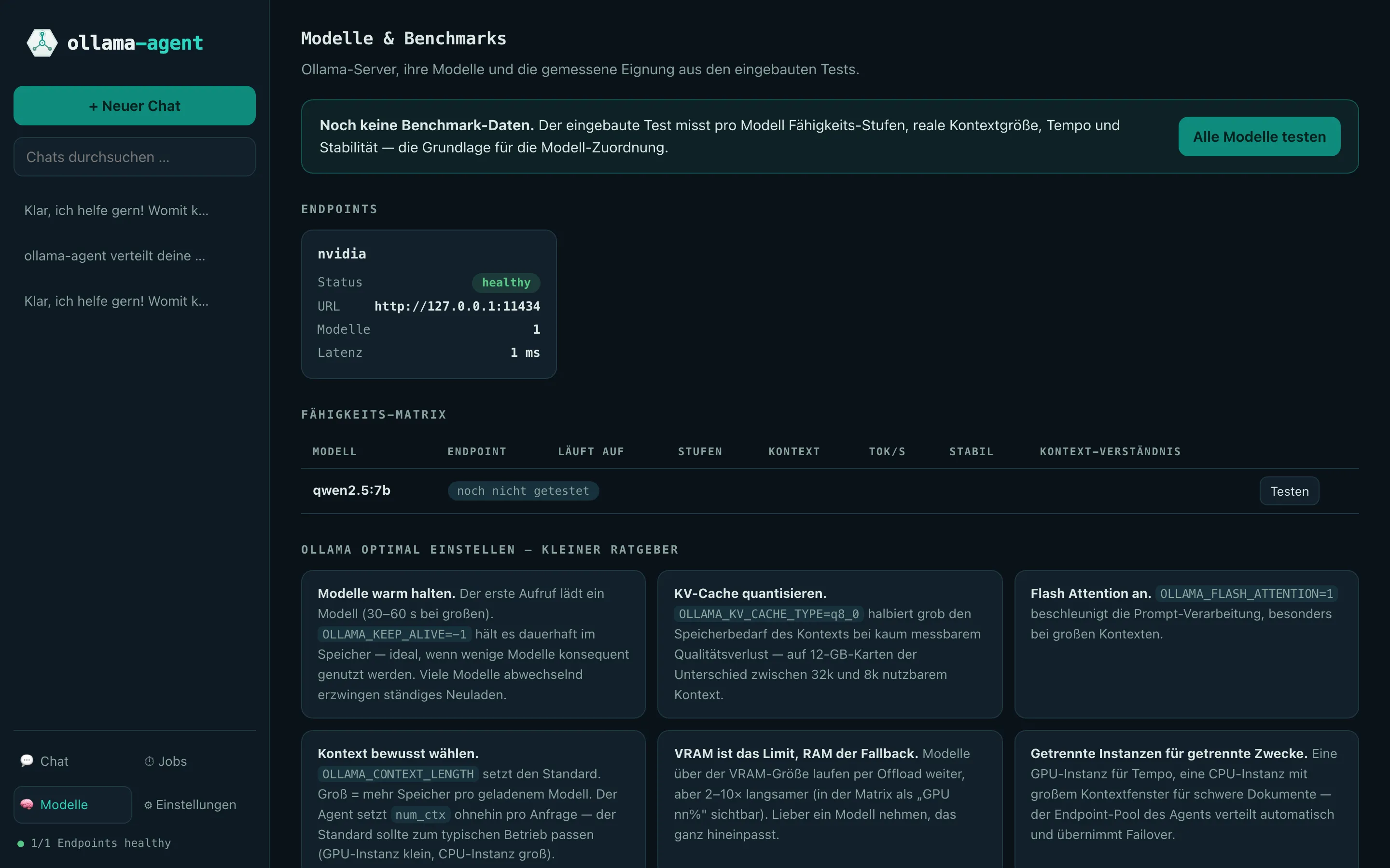 Modelle-Seite mit Endpoint-Status, leerer Fähigkeits-Matrix und Tuning-Ratgeber
